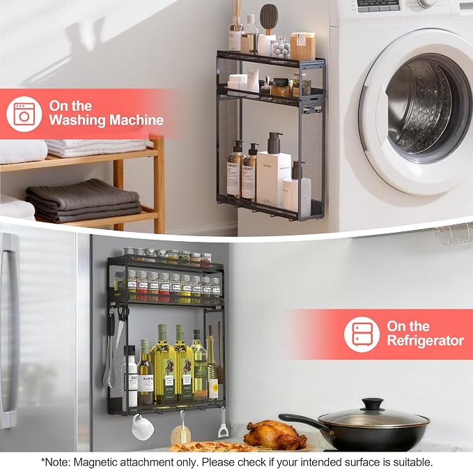 Docnest 3 Tier Refrigerator Magnetic Spice Organizer Shelf with Hooks, Black
