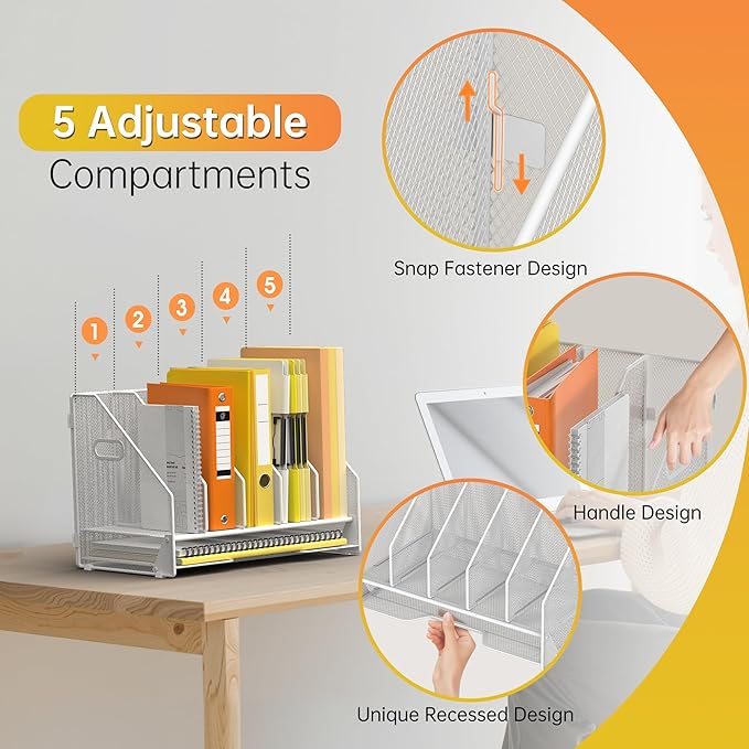 Docnest Desk File Holder Sorter, 5 Vertical Compartments Rack with Letter Tray, Mesh Magazine File Holder with Handle,Workspace Organizers,Desk Organizers for Paper, Mail, Documents-White