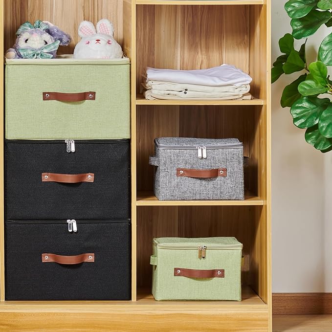 2 Pack Storage Bins with Zipper Lid Cotton Linen Fabric Lidded Storage Baskets Boxes Foldable Washable Closet Shelf Clothes Organizer Container with PU Leather Handles (Gray, Small Size)