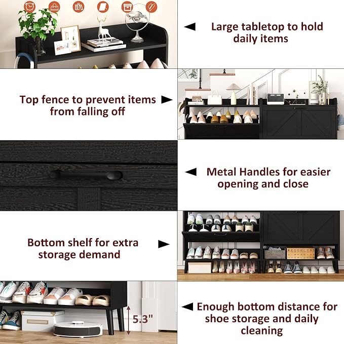 HOMEFORT Shoe Storage Cabinet for Entryway, 30" Freestanding Organizer with Two Flip Drawers, Narrow Hidden Shoe Rack with Wood Legs, Farmhouse Shoe Cabinet for Front Door Entrance,Black