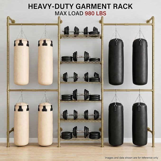 F3 Wall Mounted Closet System, Industrial Pipe Clothing Rack for Hanging Clothes, Heavy Duty Closet Organizer System, Clothes Racks with Shelves & Expandable Rod for Wardrobe, Corner, Gold