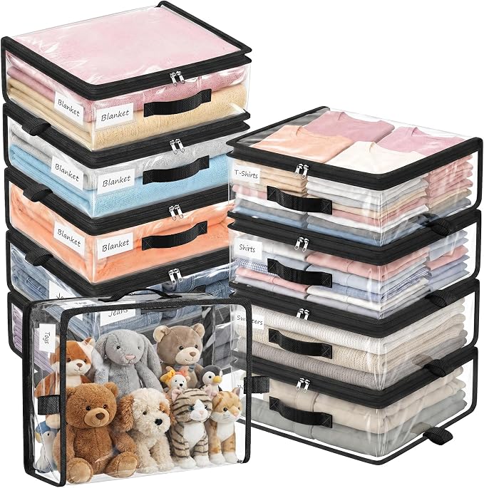 5 Pack Clear Storage Bags with Zipper Handles, Sheet Organizers and Storage | PVC Blanket Storage Bags, Foldable Under Bed Organizer for Baby Clothes Shoes Sweater Toy Bedding Sheet, 15.7x13.8x3.9’’