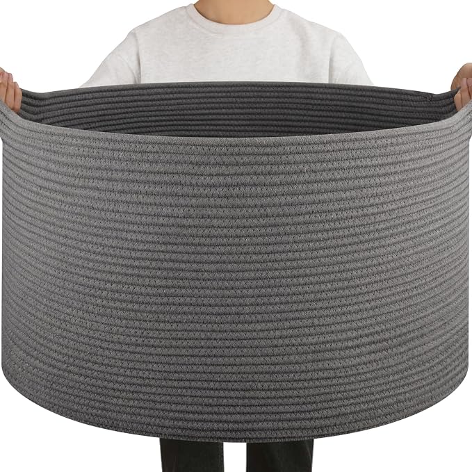 OIAHOMY 90L Extra Large Blanket Basket - Decorative Cotton Rope Storage Basket for Bedroom, Living Room & Nursery - Woven Laundry Hamper for Organizing Blankets, Clothes & Toys - Grey