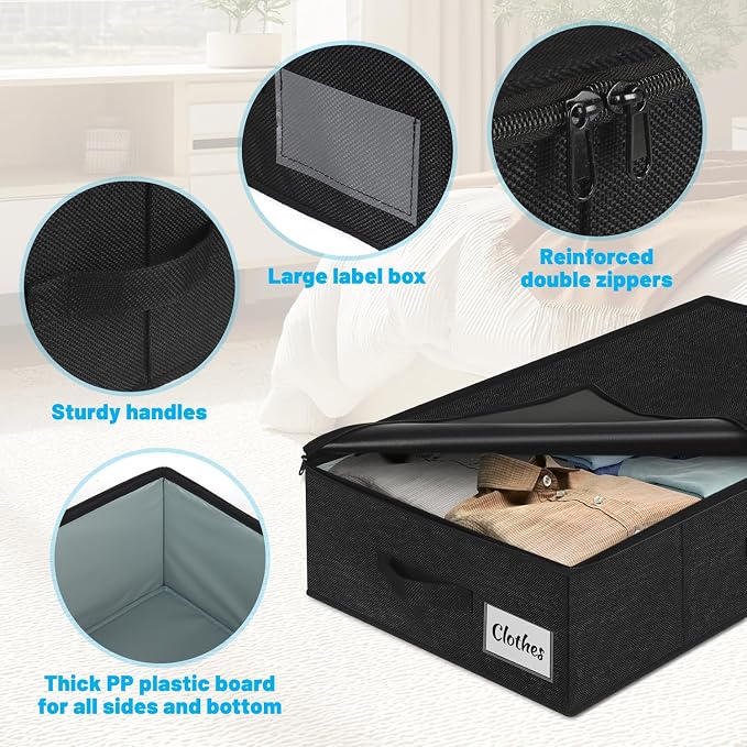 Under Bed Storage Container Bins 4 Pack, 5 Inch Thin Low Profile Underbed Clothes Storage Organizer for Dorm & Home, Use for Blanket and Toy Storage Box W/ Sturdy Bottom/Sides, Foldable Thick Fabric