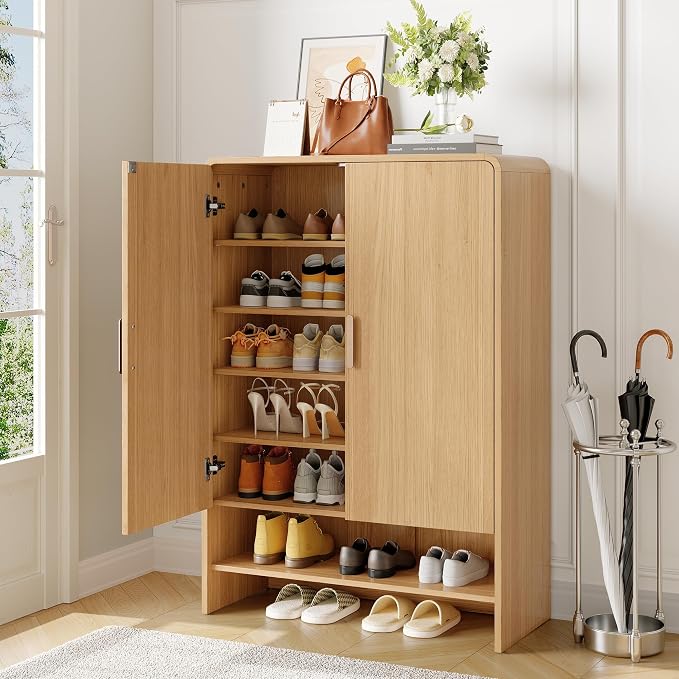 ONBRILL 6-Tier Shoe Storage Cabinet, 45'' Large Farmhouse Shoe Cabinet for Entryway, Modern Wooden Shoe Rack Organizer with Doors and Shelves, for Front Door Hallway (Oak)