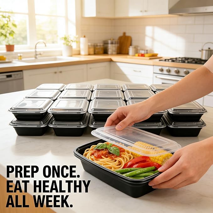 KUMD 20 Pack(40 Pieces) 32 oz Meal Prep Containers with Lids, Leakproof Food Storage Containers for Adult Office Lunch, Gym, Fitness & Bulk Food Prep, Microwave & Freezer Safe Reusable Plastic Tubs