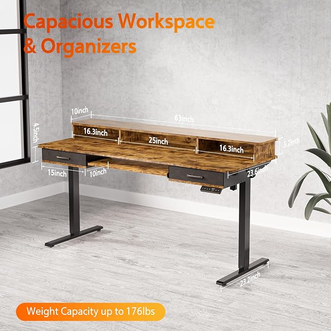 WALKINGDESK 63x24 Inches Electric Standing Desk with Keyboard Tray, Height Adjustable Stand up Desk with 2 Drawers, Ergonomic Sit to Stand Desk with Storage Monitor Stand, Computer Table, Rustic Brown
