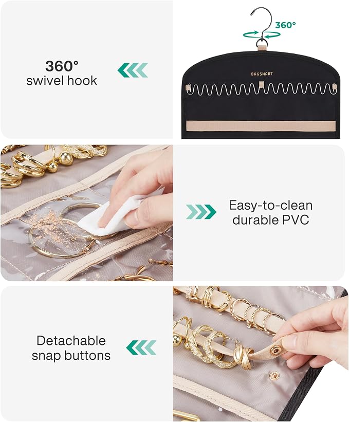 BAGSMART Hanging Jewelry Organizer Claw Clip Necklace Holder Roll for Hair Ties, Headbands, Clips, Earrings, Necklaces, Glasses Double-Sided on Closet, Wall, Door, 1 piece, Large-Teal