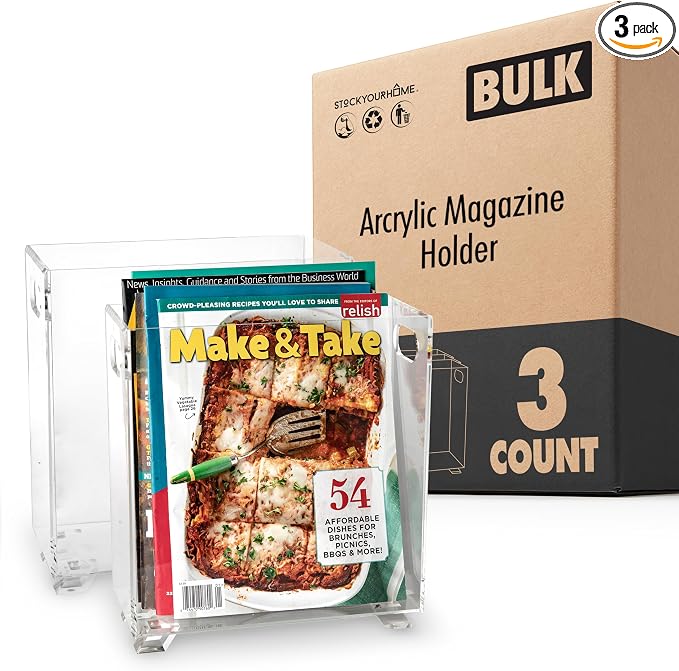 Stock Your Home Acrylic Magazine Holder (3 Pack), Crystal Clear Shatterproof Organizer with Open Top – Space-Saving Display for Office, Reception, Desk, and Waiting Room