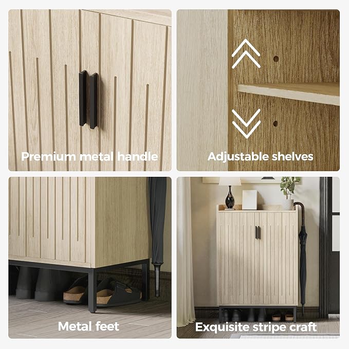 Mericonia Shoe Cabinet with Metal Legs, Farmhouse Large 5-Tier Shoe Storage Cabinet with Doors, Wooden Shoe Organizer for Entryway, Hallway (2 Door Shoe Cabinet, Oak-Modern)