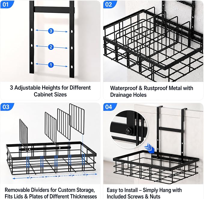 Metal Lid Organizers Inside Cabinet with Adjustable Dividers | Hanging Food Container Lids Holder, 4 Adjustable Dividers & 5 Sections, Matte Black Finish, Sturdy Metal, Kitchen Storage