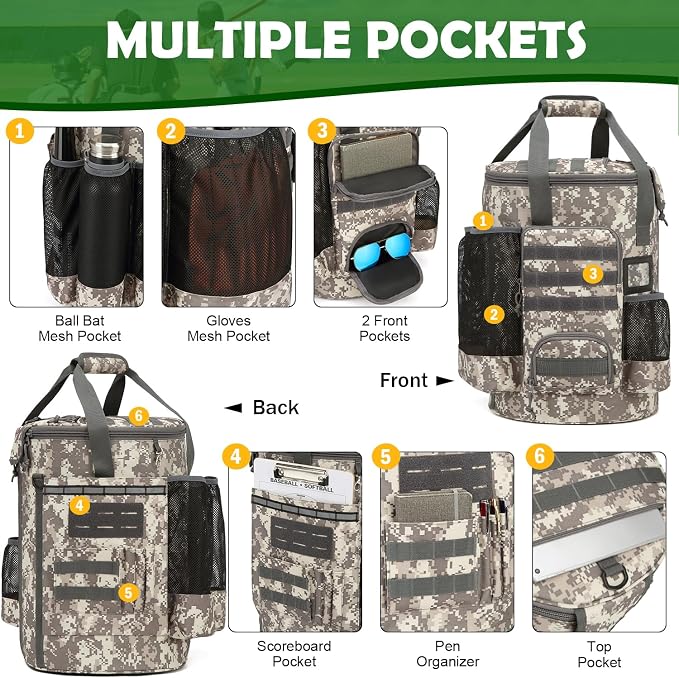 Baseball Bucket Bag, Softball Coaches Bags Fit 6 Gallon Buket | Baseball Coaching Accessories Organizer with Anti-Slip Bottom & Multiple Pockets for Bat, Gloves, Scoreboards