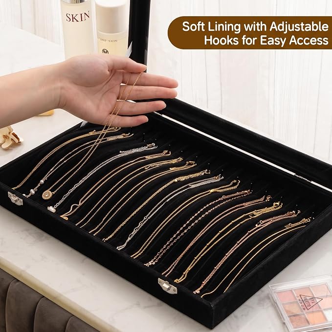 Frebeauty 15 Hooks Necklace Organizer,Velvet Necklace Holder Tray with Lid | Jewelry Organizer for Necklace Pendant Chain,Women Jewelry Box,for Home Use and Jewelry Store,Jewelry Display for Drawer