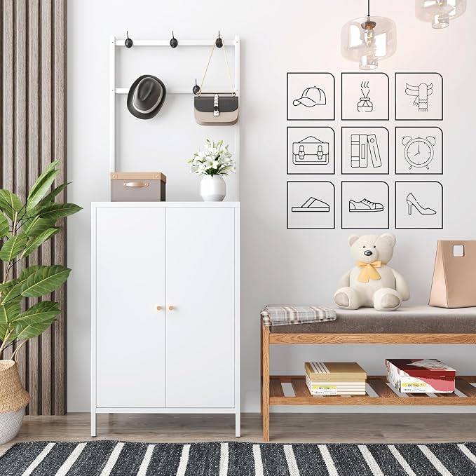 Tall Metal Shoe Cabinet with Coat Rack,Shoe Storage Cabinet with Doors,Hanging Bar,Hooks for Entryway, Hallway, and Living Room,2in1 Hall Tree with 3 Adjustable (Cabinet with Rack, White)