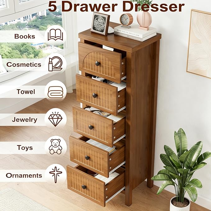 Lxsxlome 5 Drawer Dresser for Bedroom,Modern 44.68'' Tall Wood Chest of Drawers, Storage Organizer with Fluted Panel & Anti-Tip Kit for Closet, Hallway, Living Room,Nursery (Walnut, 5 Drawers)