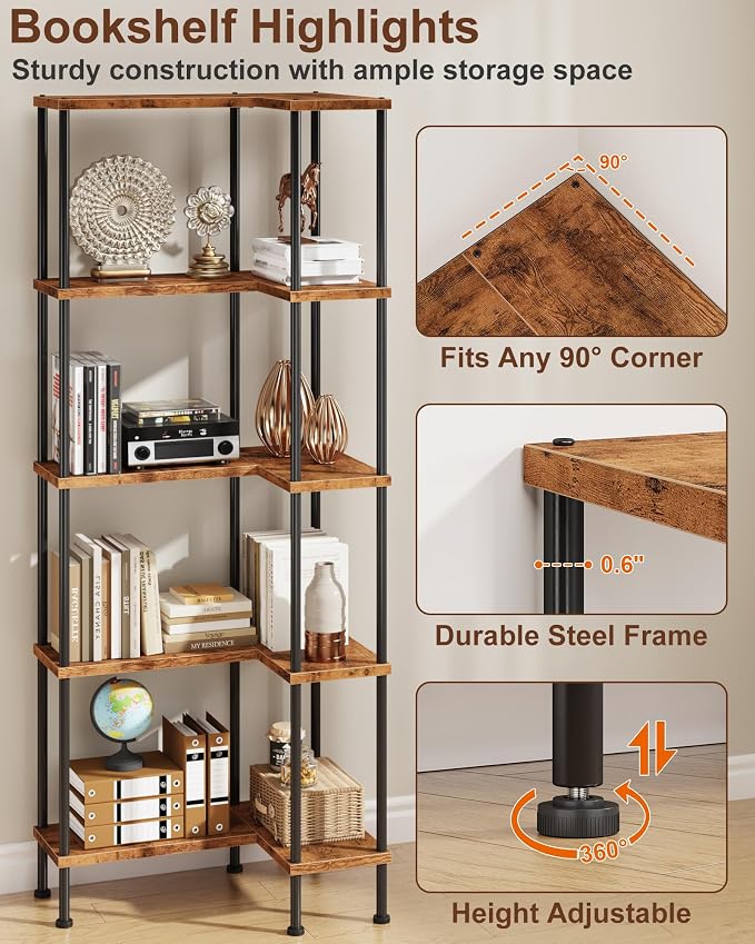 HIGDBFE 5-Tier L-Shaped Corner Bookshelf, 60" Tall Modern Corner Shelf | L-Shape Corner Fits Living Room, Bedroom, or Home Office Corners, 5 Open Shelves, Display Rack for Books, Plants, and More