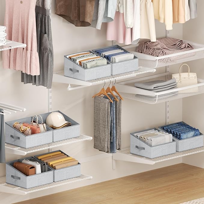 DIMJ Closet Storage Bins 10 Pack - Fabric Trapezoid Closet Organizer Bin, Foldable Storage Baskets for Shelves, Closet Shelf Organizer, Clothing Storage Box for Toys, Books, Towel, Clothes, Gray