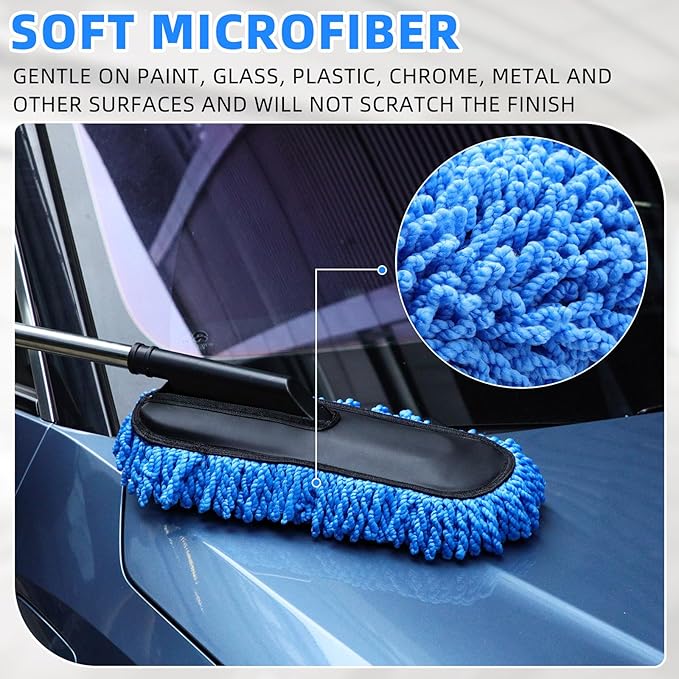 Tanlade 1 Pack Microfiber Car Duster Exterior Scratch Free with Extendable Handle Soft Car Duster Kit for Cleaning Dust Brush Set for Exterior Interior Cleaning Tools (Blue)