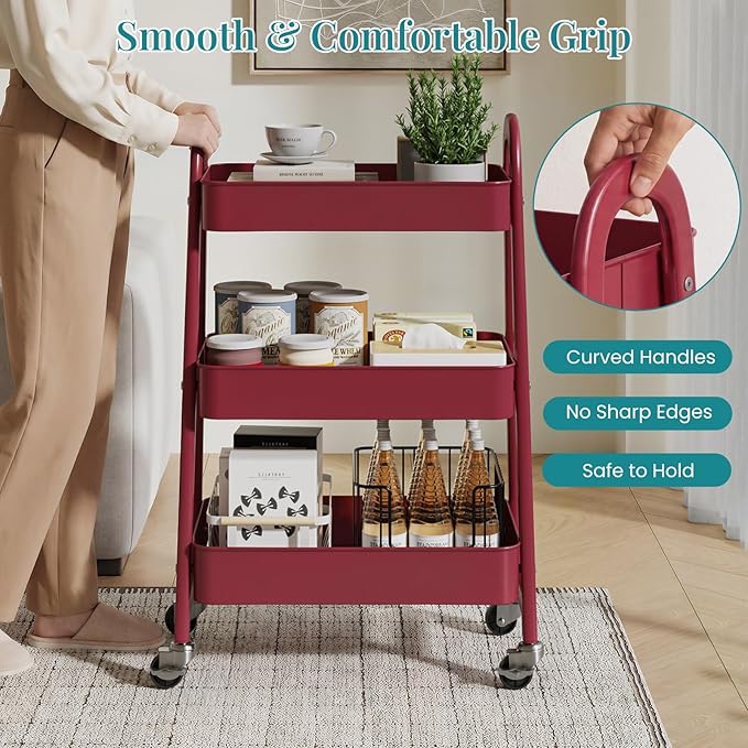 NEWBULIG 3-Tier Metal Rolling Cart with Lockable Wheels, Heavy Duty Mobile Utility Storage Shelf, Roller Book Snack Cart, Organization for Livingroom, Bathroom, Office, Red