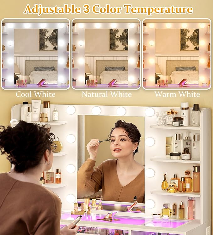 HUAHUU Vanity Desk, Makeup Vanity Desk with Mirror and Lights 3 Colors, Transparent Top with 3 RGB Drawers, 6 Shelves, 2 Large Tempered Cabinets, Power Outlet, for Bedroom, White