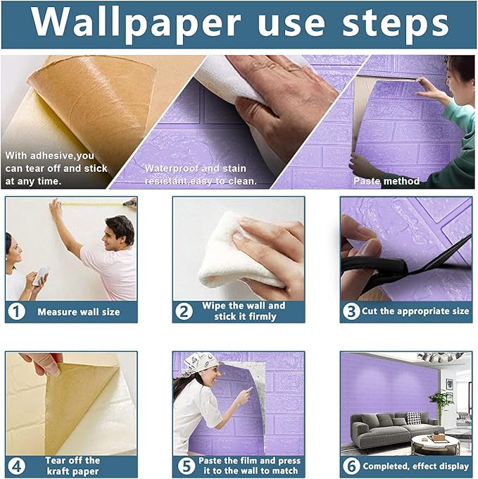 3D Wall Panels, 58 sq.feet Coverage, Printable Wallpaper Sticker with Self-Adhesive Waterproof Brick PE Foam Wall Panels Peel and Stick for Interior Wall Decor, Home Decoration 40 PCS Purple