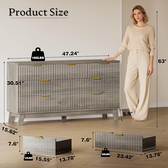 BORNOON Fluted 7 Drawer Dresser, 47.2" Wide Modern Boho Chest of Drawers, Wooden Storage Dresser TV Stand for Bedroom, Living Room, Closet, Hallway, Curved Profile Design