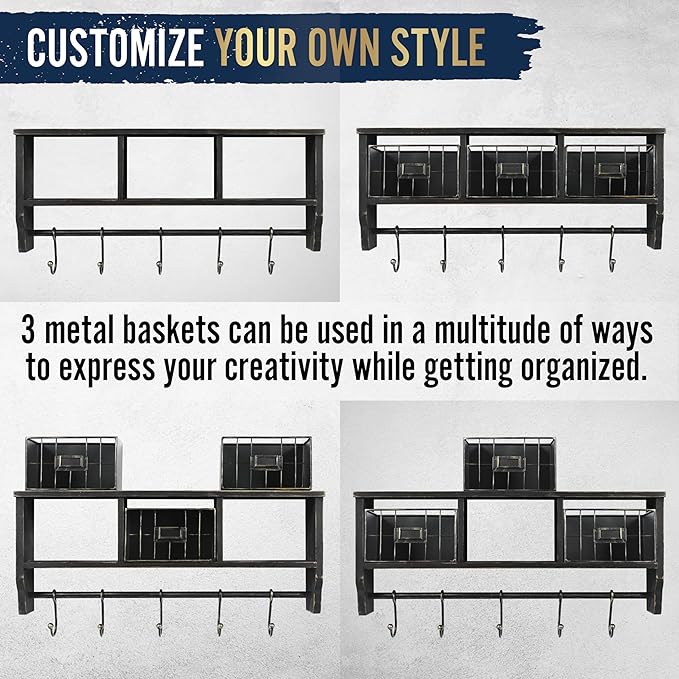 BizChair Wall Mounted Storage Rack - Blackwashed Solid Pine Wood - 24 Inch - Upper Shelf - 5 Hooks - Wire Baskets - For Entryway, Kitchen, Bathroom