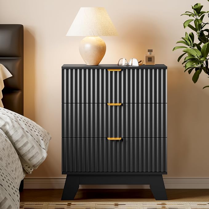 BORNOON Fluted 3 Drawer Dresser, 30.3" Tall Compact Modern Boho Chest of Drawers, Wooden Storage Cabinet for Bedroom, Living Room, Entryway, Curved Profile Design