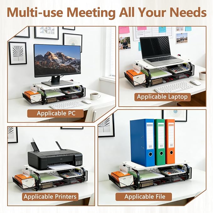 Desk Organizers and Accessories Monitor Riser, Monitor Stand with Drawer (2-Tier Drawers) with Large Side Storage Rack & Cable Management,66LBS/30KG, Office Organization, White