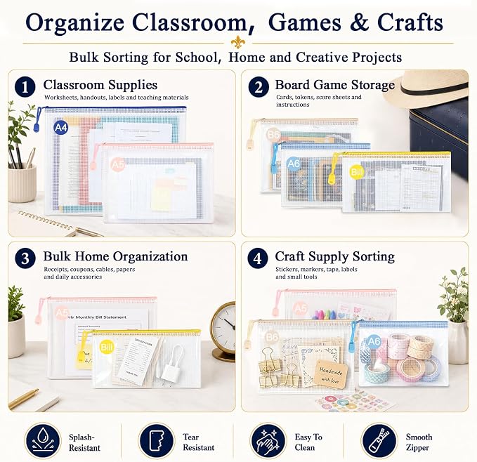 25 Pack PVC Mesh Zipper Pouches with 1 Organizer Bag, 5 Sizes A4 A5 A6 Bill B6, Translucent File Bags for Classroom Puzzle Board Game Craft School Office Storage (26pcs)