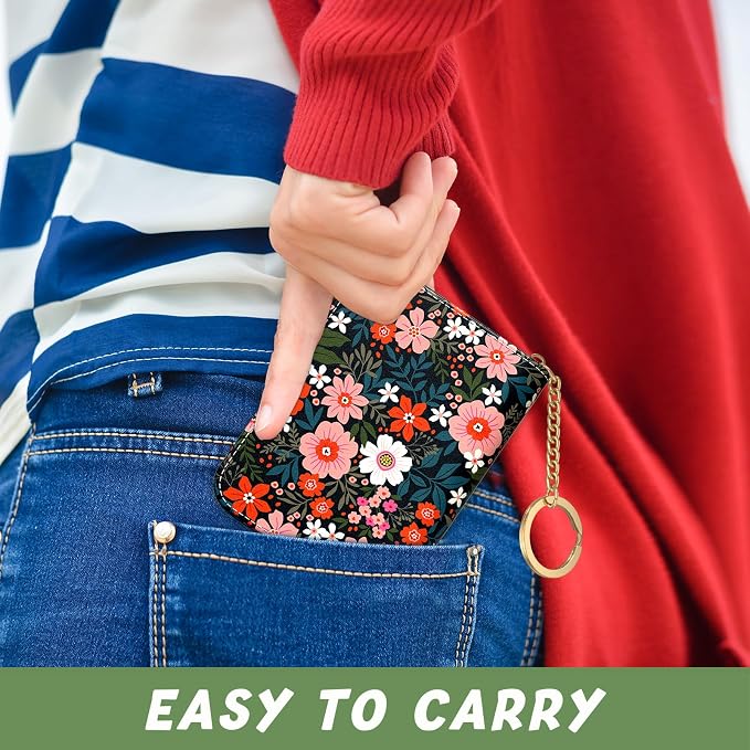 Aiawoxc Credit Card Holder, Small RFID Wallet Slim Leather Card Organizer Case with Zipper and Keychain, Cute Flowers