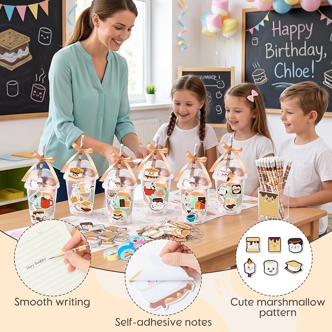 CJiangpo 196Pcs Marshmallow Party Favors Stationery Gift Classroom Prizes | Drink Cup with Lids Bulk, Pencil Sharpener Eraser Sticky Notes Pads Stickers Keychain, Camping Birthday Party Favors Rewards