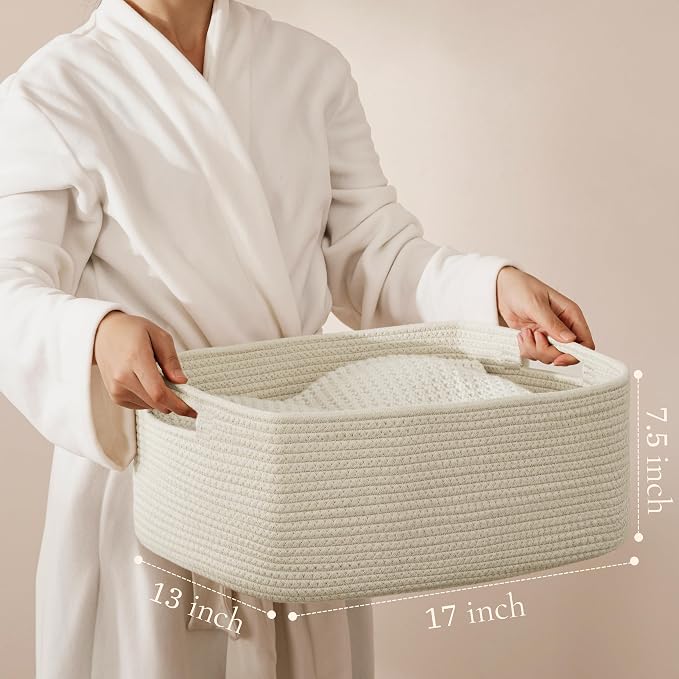 2 Pack Storage Baskets for Organizing, Large Woven Storage Basket, Beige | 17"L x 13"W x 7.5"H, Cotton Rope Basket, Toy Storage, Cube Shelf, Closet Shelf Organizer, Clothes Storage, Home Decor