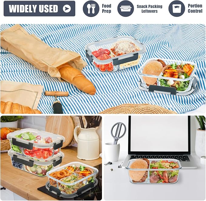 6pack, 34oz, 2 Compartment Glass Meal Prep Containers with Lids, Grey | Portion Control Lunch Containers, Glass Food Storage Containers with Airtight Lids, Microwave, Freezer, Dishwasher Safe
