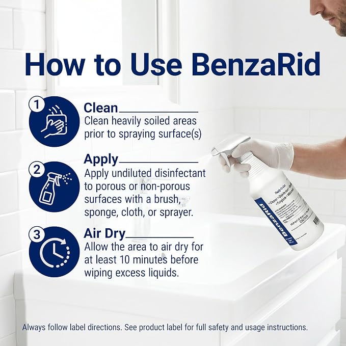 BenzaRid Hospital Disinfectant Virucide Spray Kills 99.99% of MRSA, COVID-19, H5N1, Staph, Avian Flu, Bacteria & Mold | EPA Reg. for Medical, Dental, Veterinary, Farm & Home Use 32 oz