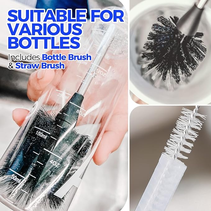 Holikme 5 Pack Bottle Brush 14" Stainless Steel Straw Cleaner Brush,Black | 14" Long Handle Stainless Steel Bottle Cleaner Brush, 3 Straw Brushes, Bottle Cleaning Brush for Water Bottle Cups Baby