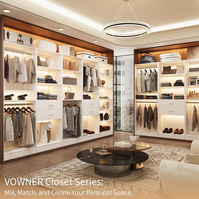 VOWNER 25'' Freestanding Closet System Walk-in Wardrobe Closet Tower | White Shelves with 2 Hanging Rods, Modular Expandable Open Closet Organizers, Clothes Garment Rack for Small Closet
