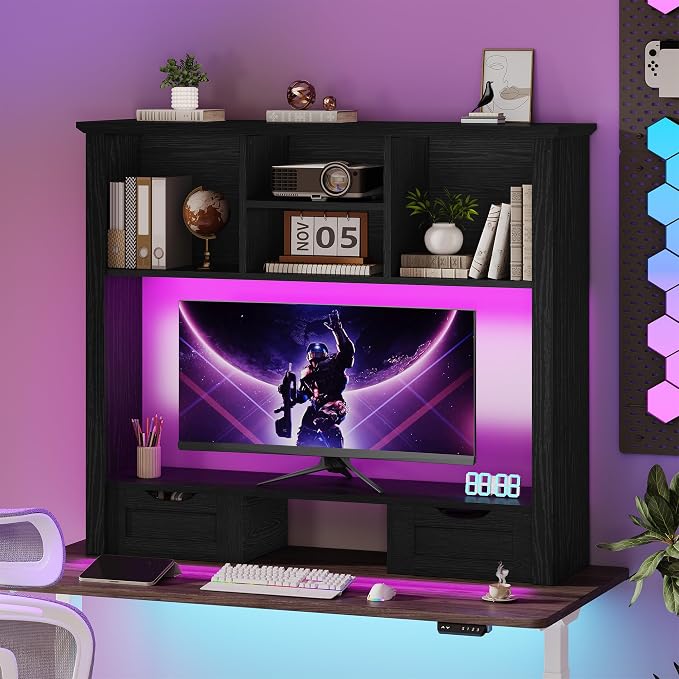 Desk Shelf with Computer Monitor Stand, 37.4''W Desktop Bookshelf Display Rack, Desktop Organizer Storage Rack with Cubbies & Drawers, 5-Tier Hutch for Home, Office, Dorm, Vanity, Black