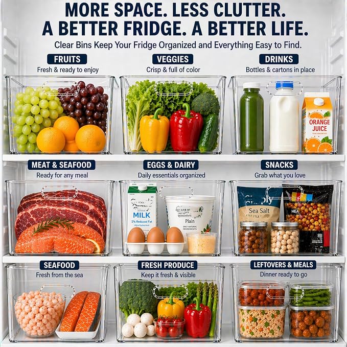 MOONEDGE 4 Pack Clear Plastic Storage Bins 11x8x6in Storage Containers | Drawer Organizer with Handles, Clear Bins for Organizing, Pantry, Kitchen, Fridge, Bath, Cabinet, Closet Shelf, Under-Sink