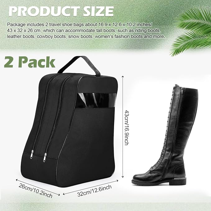 Aliceset 2 Pcs Black Boot Bags for Cowboy Two Separate Compartments Boots Portable Storage Bag for Travel Long Tube Shoes Bags Men Tall Shoe with Handle for Home Travel