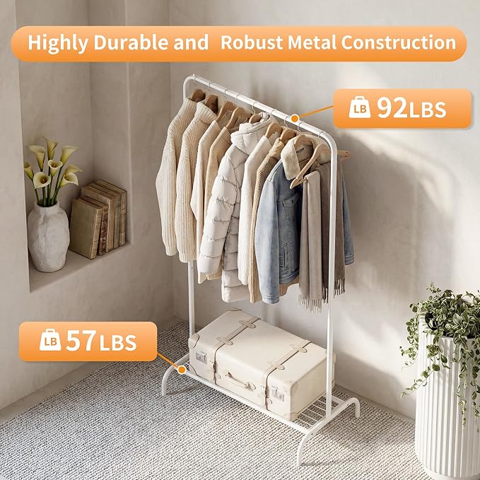 Small White Clothing Rack 2 Pack, Metal Garment Rack No Wheels, Free Standing Clothes Rack with Bottom Shelf for Hanging Clothes, Space Saving Closet Organizer for Bedroom, Laundry Room