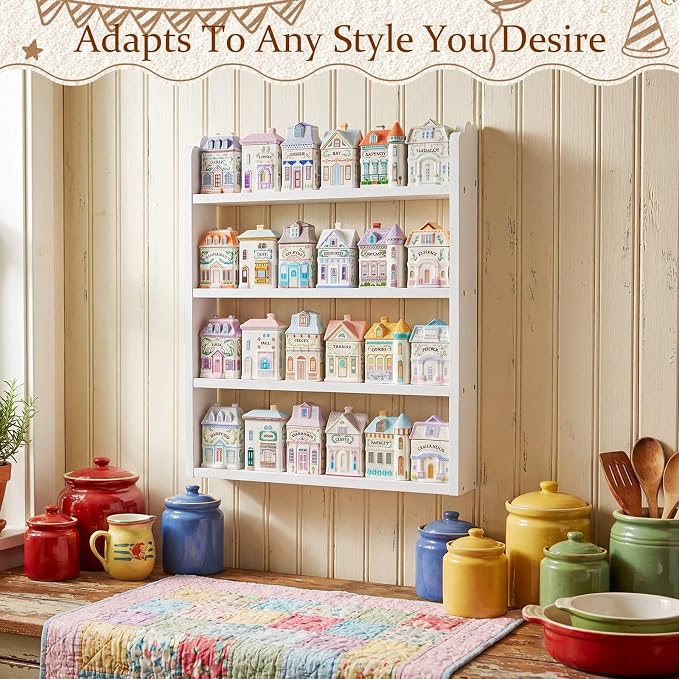 Sintuff Vintage Spice Rack 4 Tier Wood Spice Shelf Wall Mount House Village Style Jar Display Shelf for Kitchen Organizer Storage Display Holder, Holds 24 Jars, 22 x 14 Inches