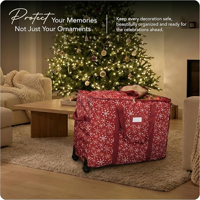 Covermates Keepsakes Rolling Adjustable Ornament Storage Bag – Heavy-Duty Polyester, FlexGrid Trays & Padded Dividers – Protective Holiday Organizer with Wheels, Handles & ID Window, Red Snowflake