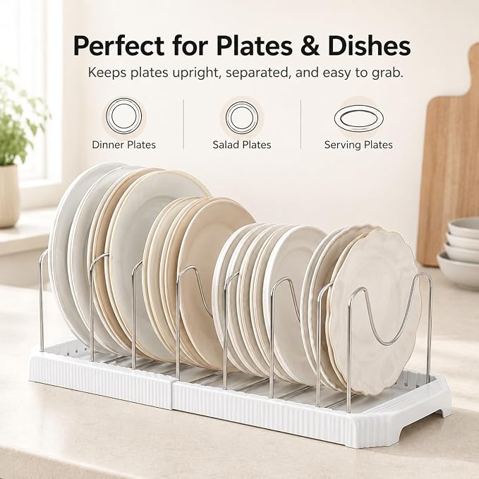 Pots and Pans Organizer Under Cabinet, Adjustable Pot and Pan Organizer Rack, 7 Stainless Steel Dividers, Pot Lid Organizer for Cabinet, Expandable Pan Organizer for Pots, Pans, Lids, Plates White