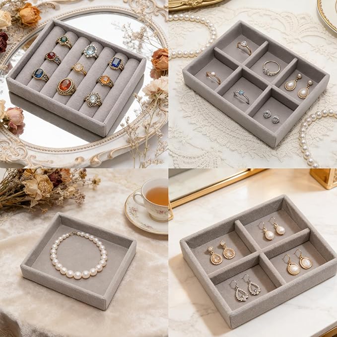 Small Jewelry Tray Set 4 Pcs Grey Velvet Stackable Jewelry Organizer Tray Mini Jewelry Drawer Organizer for Necklace Ring Earrings Jewelry (4 Styles)