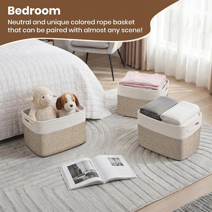Storage Baskets for Organizing, 14 x 10 x 9” Closet Shelf Woven Baskets, Square Bins with Handles, Cotton Rope Basket for Clothes, Office, Room, White+Rice Brown 3 Pack