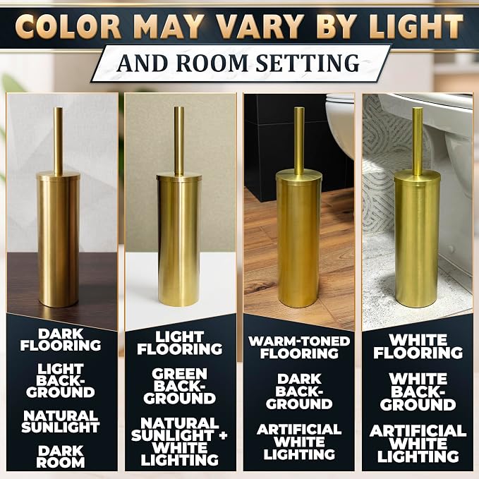 Gold Toilet Brush and Holder Set - Brushed Stainless Steel Gold Toilet Bowl Brush and Holder with Replaceable Head, Removable Inner Bowl, and Splash Protection - Dense Bristles for Thorough Cleaning