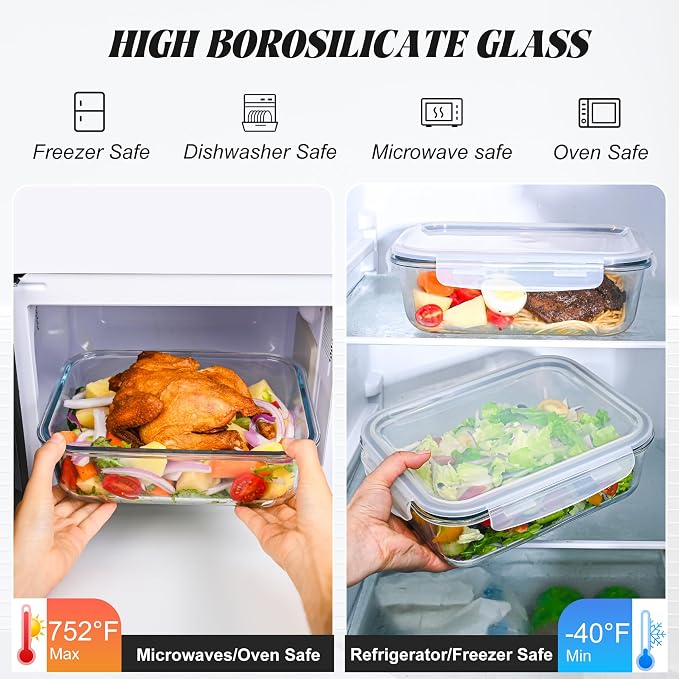 LOVYANXUE 2Pack 9.8 Cups/ 78 Oz Large Glass Food Storage Containers with Lids, Glass Meal Prep Containers with Airtight Lids - BPA Free, Leakproof, Ideal for Food Storing/Serving, Microwave/Oven Safe