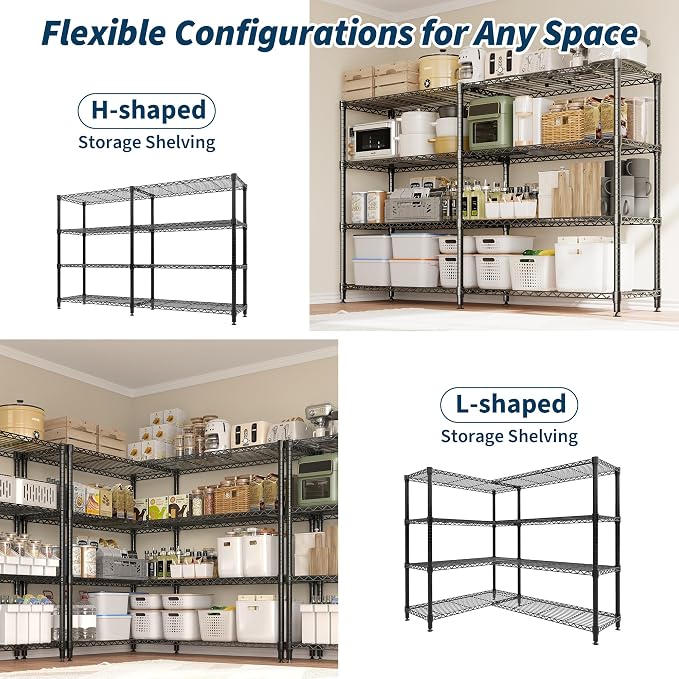 Garvee Metal Storage Shelves 4-Tiers, Standing Garage Shelving Unit 59"W x 13.8"D x 59.5"H, Heavy Duty Wire Shelving Rack Load 1060LBS, Adjustable Storage Shelf for Home Kitchen Pantry Basement(Black)