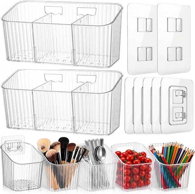 7 Pack Cabinet Door Organizer Adhesive Wall Mount Storage Bins Makeup Containers Stackable Organizer Basket for Kitchen Cabinets, Bathroom, Pantry, Office, Refrigerator (Frosted Clear)